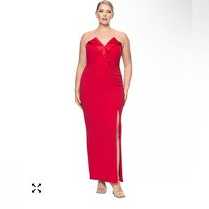 Betsy & Adam Strapless Red Column Gown with Side Slit